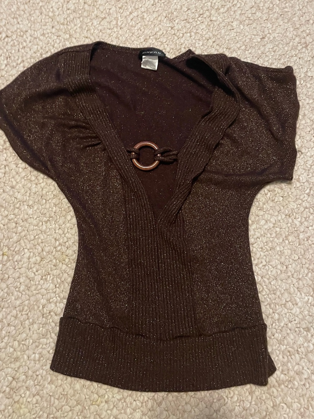 Brown Shimmery Deep V Sweater Top with Ring Accent